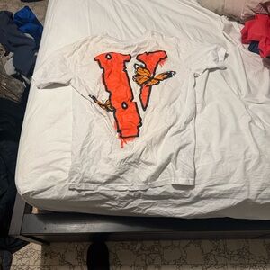 VLONE White Short Sleeve Tee with Orange 'V' and Butterfly Graphic